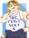 anthro belly biceps blue_eyes blush clothing eyewear eyewear_on_head goggles goggles_on_head heart_symbol male musclegut muscular pecs shirt smile solo tank_top tattoo topwear tatsuki_himajin lifewonders live_a_hero hisaki_(live_a_hero) canid canine canis domestic_dog mammal hi_res