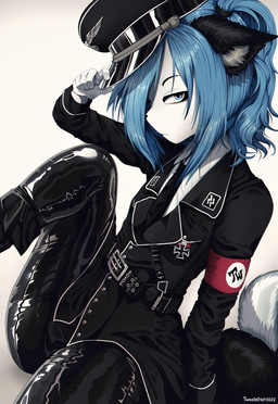 anthro armband black_clothing black_dress black_ears blue_eyes blue_hair clothing cross dress femboy footwear fur hair hat headgear headwear inner_ear_fluff iron_cross latex latex_clothing latex_legwear legwear looking_at_viewer male medal military_cap military_uniform nazi necktie partieiadler schutzstaffel simple_background sitting skull_accessory solo ss_insignia tail tuft uniform white_body white_fur conditional_dnp tweenstrip moisha_(tweenstrip) canid canine fox mammal marble_fox red_fox true_fox hi_res