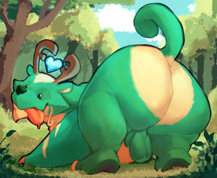 antlers balls big_butt butt detailed_background feral genitals grass green_body heart_symbol horn huge_butt male plant smile solo tail tongue tongue_out tree orokamonodebi multiversus reindog_(multiversus) canid canine deer mammal new_world_deer reindeer 2025 digital_media_(artwork) hi_res