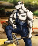 anthro barefoot big_pecs blue_clothing blue_overalls bodily_fluids bottomwear brown_eyes clothed clothing farm farmer feet fur heart_symbol horn male muscular muscular_anthro muscular_male nipples open_nipple_clothing overalls overalls_only pecs rake solo spots sweat tools topless topless_anthro topless_male white_body white_fur alkan bovid bovine cattle mammal absurd_res hi_res