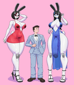 anthro balls big_balls big_breasts big_penis black_eyes black_eyeshadow black_hair black_nipples black_tie_(suit) blush breasts clothed clothing dress eyeshadow eyewear female flaccid footwear genitals group gynomorph hair high_heels highlights_(coloring) huge_penis intersex long_hair machine makeup male navel nipples penis pink_background ribbons shoes short_hair simple_background size_difference suit sunglasses sunglasses_on_face translucent translucent_clothing translucent_dress trio vein veiny_penis wearing_sunglasses white_body kinhey medical_angel secure_angel human lagomorph leporid mammal rabbit robot 2026 absurd_res hi_res