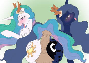 animal_genitalia animal_penis antlers balls blue_hair blush butt collaborative collaborative_hot_dogging collaborative_sex cutie_mark disembodied_penis dock_(anatomy) duo_focus equine_genitalia equine_penis erection feathered_wings feathers female feral genitals group group_sex hair half-closed_eyes happy horn hot_dogging looking_at_viewer male male/female multicolored_hair multicolored_tail narrowed_eyes penis seductive sex simple_background smile tail tongue tongue_out wings wolfmask friendship_is_magic hasbro my_little_pony mythology princess_celestia_(mlp) princess_luna_(mlp) equid equine mammal mythological_creature mythological_equine winged_unicorn 2016 absurd_res hi_res