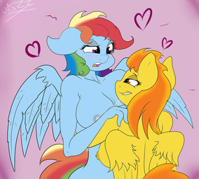 <3 alternate_hairstyle anthro anthrofied blue_fur blush duo equine female friendship_is_magic fur hair horse lesbian mammal multi-colored_hair my_little_pony nipples orange_eyes pegasus pink_background plain_background pony purple_eyes rainbow_dash_(mlp) saliva smile spitfire_(mlp) wazzart wings wonderbolts_(mlp) yellow_fur
Rating: Questionable
Score: 19
User: Ryuzaki_Izawa
Date: January 02, 2014