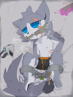 3_toes 4_fingers anthro bandage bat_(object) bdsm bedding bedding_background black_clothing black_nose black_pawpads black_underwear blood blue_eyes bodily_fluids bondage bound boxer_briefs breath bulge camera camera_view chain chest_scar claws cleave_gag clothed clothing colored_blood crying cuff_(restraint) cute_fangs disembodied_hand duo facial_scar fangs feet fingers fluffy fur gag gagged grey_body grey_ears grey_fur grey_tail hands_behind_back high-angle_view hindpaw holding_object key lock lying male multicolored_body multicolored_fur multicolored_tail navel on_back padlock pawpads paws pink_blood pupils recording restraints scar shackles shota snout solo_focus straps tail tears teeth text toes topless underwear underwear_only unusual_blood unusual_bodily_fluids white_body white_fur white_tail young presto_(artist) kang_rang_(presto) canid canine canis mammal wolf 2020 artist_name digital_media_(artwork) english_text hi_res