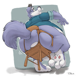3_toes 4_fingers anthro belly big_belly big_butt biped black_nose blue_clothing blue_shirt blue_topwear bone bone_in_mouth bottomless bottomless_anthro bottomless_male broken_chair butt chair cheek_bulge claws clothed clothed_anthro clothed_male clothing countershade_face countershade_feet countershade_fur countershade_torso countershading dipstick_ears ear_markings ear_piercing ear_stud eyebrows fangs feet finger_claws fingers fur furniture grey_body grey_fur humanoid_hands inner_ear_fluff looking_back looking_down male male_anthro monotone_tail motion_lines multicolored_body multicolored_ears multicolored_fur obese obese_anthro obese_male overweight overweight_anthro overweight_male pawpads piercing pink_pawpads rolled_up_sleeves shirt simple_background solo tail teeth three-quarter_view toe_claws toes toony topwear tuft white_body white_claws white_countershading white_eyebrows white_finger_claws white_fur white_inner_ear white_inner_ear_fluff white_toe_claws teaselbone teaselbone_(character) canid canine canis mammal wolf 1:1 2025 digital_media_(artwork) full-length_portrait hi_res portrait shaded signature