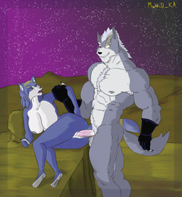 abs anthro armpit_hair ball_tuft balls big_breasts big_muscles big_pecs blue_body blue_fur body_hair bracelet breasts chest_hair claws clothing desert duo feet female female_penetrated fur genitals gloves gold_(metal) gold_bracelet gold_jewelry green_eyes grey_body grey_fur grin handwear illuminated jewelry long_penis long_tail male male/female male_penetrating male_penetrating_female muscular muscular_anthro muscular_male night nipples nude outdoor_nudity outside outside_sex pecs penetration penile penile_penetration penis penis_in_vagina purple_eyes rock sand sex sky smile star starry_sky tail tuft vaginal vaginal_penetration vein veiny_penis vulva white_body white_fur machki12_ka nintendo star_fox krystal_(star_fox) wolf_o'donnell canid canine canis fox mammal wolf absurd_res hi_res