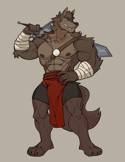 anthro arm_wraps bottomwear brown_body brown_fur clothing fur leather leather_strap male melee_weapon moon_pendant shirtless_male shorts solo standing straps sword tail weapon wraps milatora1 far_beyond_the_world_(series) erof_(far_beyond_the_world) canid canine canis mammal wolf 2025 absurd_res hi_res