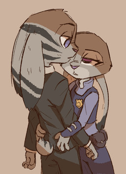 anthro black_clothing black_stripes black_suit blue_eyes clothed clothed_female clothed_male clothing duo ears_down female female_anthro fur grey_body grey_fur male male/female male_anthro pivoted_ears police police_uniform purple_eyes scut_tail short_tail simple_background striped_body striped_fur stripes suit tail tan_background uniform theblueberrycarrots disney zootopia jack_savage judy_hopps lagomorph leporid mammal rabbit digital_drawing_(artwork) digital_media_(artwork) hi_res source_request