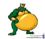 anthro belly big_belly cape claws clothing crown fists_clenched gold_belly gold_plate green_body hands_on_hips headgear king looking_at_viewer male muscular navel navel_outline obese obese_anthro obese_male outie_navel overweight overweight_anthro overweight_male red_eyes royalty sharp_teeth smile smirk solo teeth text toe_claws k9manx90_(artist) donkey_kong_(series) nintendo king_k._rool crocodile crocodilian reptile scalie english_text