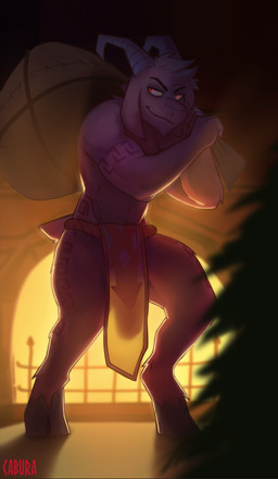 anthro backlighting bag big_penis bottomwear christmas_tree clothed clothing cloven_hooves curved_horn fire fireplace genitals holidays hooves horn inside light loincloth loincloth_only long_ears male penis penis_silhouette plant red_eyes solo topless tree cabura christmas krampus bovid caprine caprine_demon demon goat goat_demon mammal hi_res lighting