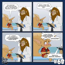 anthro blush clothing dialogue doctor's_coat doctor's_office duo embarrassed hoodie humor male shirt sitting speech_bubble t-shirt talking_to_another text topwear ariesartist roger_(ariesartist) canid canine felid feline fennec_fox fox lion mammal pantherine true_fox absurd_res alpha_channel comic english_text hi_res