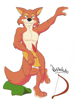 abs anthro athletic athletic_anthro athletic_male biceps bow_(weapon) bycocket cheek_tuft claws clothing clothing_aside covering covering_crotch crossed_legs facial_tuft finger_claws hat hat_feather headgear headwear loose_feather male navel nude pecs pose raised_arm ranged_weapon shirt shirt_aside simple_background smile smiling_at_viewer solo standing toe_claws topwear topwear_aside tuft weapon daison_the_fox disney robin_hood_(disney) robin_hood canid canine fox mammal red_fox true_fox hi_res