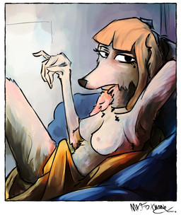 anthro clothed clothing female furniture looking_at_viewer mole_under_eye sofa solo topless topless_female ukraine mr.foxman dina_yuchenko_(mr.foxman) borzoi canid canine canis domestic_dog hunting_dog mammal sighthound absurd_res hi_res