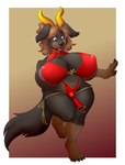 anthro areola areola_slip big_breasts black_nose blue_eyes breasts brown_body brown_fur brown_hair bulge clothed clothing fur goagon_dress gynomorph hair horn intersex looking_down nipple_outline on_one_leg red_clothing short_stack simple_background skimpy slightly_chubby solo standing surprise kame-sama88 vhbeaver roz_(rosstherottie) canid canine canis domestic_dog mammal mastiff molosser rottweiler 2021 absurd_res digital_media_(artwork) hi_res