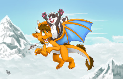 anthro blue_sky blue_wings cheek_tuft duo eyes_closed facial_tuft fangs featureless_crotch feral flying glistening glistening_eyes green_eyes happy horn logo male membrane_(anatomy) membranous_wings nude open_mouth open_smile pawpads pink_nose pink_pawpads red_tongue riding sky smile tail tail_tuft teeth tongue tuft white_horn wings young young_anthro young_male pandapaco mythology dragon mammal mephitid mythological_creature mythological_scalie scalie skunk artist_logo signature