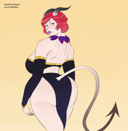 arm_warmers armwear bedroom_eyes brown_body brown_skin clothing curved_horn female hair half-closed_eyes horn jewelry narrowed_eyes necklace red_hair seductive skimpy_dress smile smirk smug smug_face solo spade_tail tail thick_thighs white_body white_skin wide_hips jamesab demon demon_humanoid humanoid hi_res