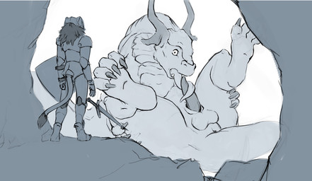 ambiguous_gender animal_genitalia anthro anus armor autofellatio balls biped caught_in_the_act claws digitigrade duo erection fangs feral finger_claws furgonomics genital_slit genitals long_neck looking_at_another male masturbation melee_weapon oral oral_masturbation penile penile_masturbation penis snout surprised sword tail tail_tuft tapering_penis tapering_tail teeth thick_tail toe_claws tongue tongue_out tuft weapon slate mythology dragon felid lion mammal mythological_creature mythological_scalie pantherine scalie greyscale monochrome