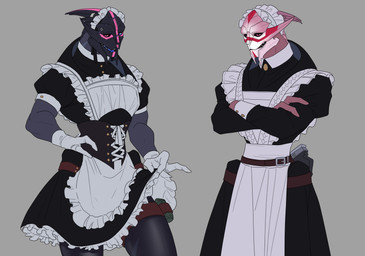 blue_eyes blue_tongue bodypaint bottomwear clothed clothing clothing_lift corset crossdressing crossed_arms duo explosives face_paint gloves grenade gun hand_on_hip handgun handwear hat headgear headwear heterochromia legwear lingerie looking_at_viewer maid_uniform male pink_eyes pistol ranged_weapon skirt skirt_lift standing stockings teeth tongue topwear uniform weapon leafjuly bioware electronic_arts mass_effect enzea_jalquiks rigen_jalquiks alien turian 2022 absurd_res digital_media_(artwork) hi_res brother_(lore) brothers_(lore) sibling_(lore)