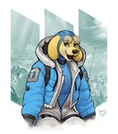 anthro black_nose blonde_hair blue_clothing blue_eyes blue_jacket blue_topwear brown_body brown_fur clothing collar cosplay female fur hair jacket looking_up smile solo topwear miltonholmes apex_legends electronic_arts respawn_entertainment millie_(miltonholmes) wattson_(apex_legends) canid canine canis domestic_dog mammal 2023 digital_media_(artwork)