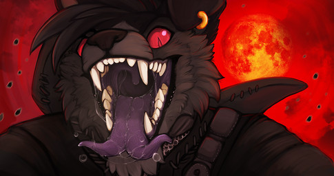 anthro black_clothing black_hair black_topwear bodily_fluids clothed clothing ear_piercing ear_ring fangs floppy_ears forked_tongue front_view fur glistening glistening_eyes grey_body grey_fur hair looking_at_viewer male mouth_shot open_mouth piercing pupils purple_tongue red_eyes red_pupils ring_piercing saliva saliva_on_tongue saliva_string simple_background slit_pupils solo teeth tongue tongue_out topwear unsigned uvula acidic canid mammal 256:135 bust_portrait portrait