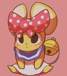 accessory anthro bell big_ears black_eyes blush bow_ribbon clothed clothing female hair_accessory hair_bow hair_ribbon pink_background ribbons simple_background solo tail yellow_body seologi diddy_kong_racing donkey_kong_(series) nintendo rareware pipsy_the_mouse mammal mouse murid murine rodent 2020 digital_media_(artwork)