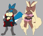 abs anthro big_breasts blue_body breasts brown_body cleavage clothed clothing duo female markings mole_(marking) navel navel_piercing one_eye_closed piercing wink solratic nintendo pokemon bonita_(solratic) generation_4_pokemon lopunny lucario pokemon_(species) hi_res