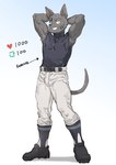 anthro armpit_hair biceps bodily_fluids body_hair bulge clothing hands_behind_head male muscular muscular_male musk nipple_outline shirt solo sweat tank_top topwear leeksaltboy strip_meme ken_(leeksaltboy) canid canine canis domestic_dog mammal hi_res