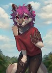 anthro clothed clothing hair male outside pink_eyes purple_hair solo torn_clothing lostgoose felid feline mammal hi_res