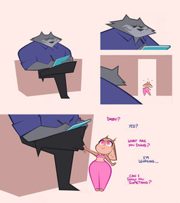 anthro bottomwear clothing daddy_kink dialogue duo female holding_note_pad male male/female midriff pants sitting text writing_text writing_utensil yoga_pants fangdangler bimbo_deer wolf_daddy_(fangdangler) canid canine canis deer mammal wolf absurd_res comic english_text hi_res