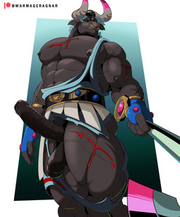 abs after_battle anthro arena axe balls barazoku battle belt biceps big_balls big_muscles big_pecs black_body black_eyes black_fur blood bodily_fluids clothed clothing colosseum erection facial_piercing fingerless_gloves first_person_view foreskin fur genitals gloves handwear horn humanoid_genitalia humanoid_penis laurel_wreath looking_at_viewer looming_over low-angle_view male medial_ring muscular muscular_anthro muscular_male nipples nose_piercing nose_ring partially_clothed pecs penis penis_poking_out piercing pubes ring_piercing solo thick_thighs torn_clothing vein veiny_muscles weapon_pointed_at_viewer wound_on_arm wound_on_leg wound_on_torso wounded warmageragnar european_mythology greek_mythology hades_(game) mythology asterius_(hades) bovid bovine mammal minotaur hi_res