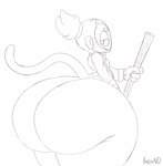 anthro ape bedroom_eyes big_butt bloons_tower_defense butt clothing ezili_(bloons) female haplorhine hi_res holding_melee_weapon holding_object holding_polearm holding_weapon huge_butt huge_hips huge_thighs humanoid hyper hyper_butt indynd looking_back mammal melee_weapon monkey monochrome narrowed_eyes ninja_kiwi polearm primate seductive smile solo thick_thighs topwear vest weapon wide_hips
