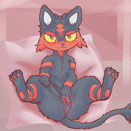 3_toes anus bedroom_eyes black_body black_eyes black_fur black_nose butt claws feet female feral fur genitals half-closed_eyes heart_eyes heart_symbol lying markings narrowed_eyes on_back on_pillow pawpads pillow presenting presenting_vulva red_body red_fur red_markings red_pawpads red_stripes seductive snout solo spread_legs spread_vulva spreading stripes tail tail_aside thin_tail toes vulva yellow_sclera lotus55 nintendo pokemon generation_7_pokemon litten pokemon_(species) 1:1 hi_res signature