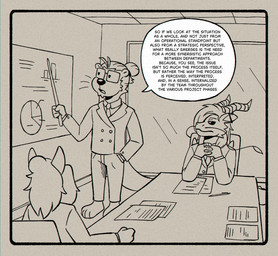accessory allcaps anthro barbel_(anatomy) barefoot black_sclera boss_and_employee bottomwear business_meeting chart clothing detailed_background dialogue eyewear feet formal_wear glasses group hair hair_bun hand_in_pocket holding_object horn legwear long_hair male necktie open_mouth pants paper pie_chart pockets speech_bubble suit_and_tie tail text trio fudatsu mythology manu_(fudatsu) dragon eastern_dragon mammal mustelid mythological_creature mythological_scalie otter scalie 2026 comic english_text