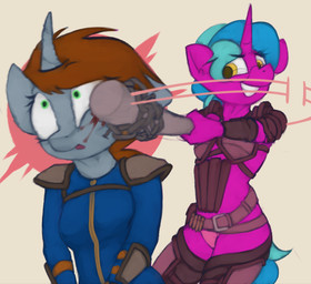 alternate_universe anthro anthrofied armor baseball_bat bat_(object) blood bodily_fluids bodysuit bullet clothed clothing duo eyewear female glasses gore green_eyes green_hair hair horn long_hair melee_weapon partially_clothed ponytail skinsuit tight_clothing violence weapon wounded yellow_eyes marsminer fallout fallout_equestria hasbro microsoft my_little_pony mythology fan_character littlepip raider_(fallout) equid equine horse mammal mythological_creature mythological_equine pony unicorn crossover hi_res
