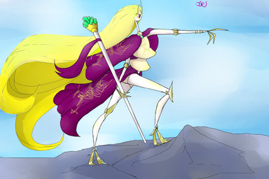 blonde_hair cloak clothing crown female gesture hair hand_gesture headgear landscape long_hair not_furry pointing scepter solo tiara renv nintendo pokemon andromeda_(renv) arthropod generation_7_pokemon humanoid pheromosa pokemon_(species) ultra_beast 2023 3:2 hi_res signature