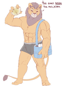 abs anthro bodily_fluids bottomwear clothed clothing diaper front_view fur genital_fluids grey_bottomwear grey_clothing grey_mane holding_diaper looking_at_viewer male male_anthro mane mouth_closed muscular muscular_anthro muscular_male narrowed_eyes orange_body orange_eyes orange_fur pecs simple_background solo standing text topless touching_diaper unclean_diaper urine used_diaper wet_diaper whiskers white_background hardscales felid lion mammal pantherine english_text full-length_portrait hi_res portrait sketch