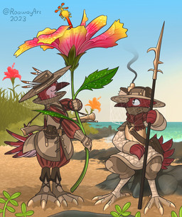 ambiguous_gender anthro bag beach clothing dagger duo flower gun hat headgear headwear melee_weapon musket pike plant ranged_weapon sitting smile standing weapon roawayart avian hi_res