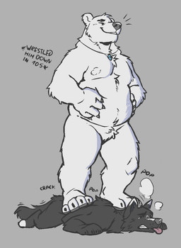 anthro anthro_on_anthro black_body black_fur blaze_(marking) claws clenched_teeth crack_(sound_effect) dipstick_ears dipstick_toes dominant duo ear_markings eyebrows facial_markings featureless_crotch feet fluffy front_view fur grey_background grey_pawpads head_markings jewelry larger_dom low-angle_view lying male male/male male_anthro male_on_anthro markings monotone_background multicolored_ears musclegut muscular necklace necklace_only nude on_front overweight overweight_anthro overweight_male pawpads pendant pendant_only pinned pinned_by_foot pinned_to_ground plantigrade plantigrade_pawpads pop_(sound_effect) restrained simple_background size_difference smile smirk standing_on_another standing_on_back steam stomping strained straining suggestive tail tail_motion teeth text tongue tongue_out trampling twitching_tail weight_difference weightplay white_body white_fur wince howellthabear coal_(samt517) howell_(howellthabear) bear canid canine canis domestic_dog husky mammal nordic_sled_dog polar_bear spitz ursine 2026 aliasing binary_drawing cel_shading digital_drawing_(artwork) digital_media_(artwork) english_text hi_res monochrome shaded spot_color