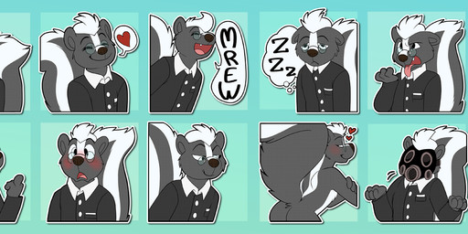 4_fingers animal_noises anthro big_tail black_body black_clothing black_eyes black_fur black_nose black_tail black_topwear blue_background blush butt clothed clothing disgust drop_shadow element_drop_shadow embarrassed eyebrows eyewear fingers frown fur gas_mask gesture glasses grumpy hair hand_gesture happy heart_pair heart_reaction heart_symbol long_tail looking_back male mask middle_finger multicolored_body multicolored_fur multicolored_tail nude open_mouth partitioning pink_tongue presenting presenting_hindquarters raised_eyebrow shrug simple_background sleeping smile smirk solo sound_effects speech_bubble speech_bubble_drop_shadow sticker_pack tail telegram_sticker thought_bubble thought_bubble_drop_shadow tired tongue topwear two_tone_body two_tone_fur two_tone_tail vowelless vowelless_sound_effect white_body white_fur white_hair white_tail zzz nowandlater ray_rhythmus mammal mephitid skunk 2016 digital_media_(artwork) expression_sheet multiple_images pictographics signature