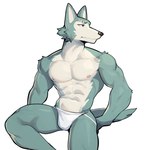 abs anthro barazoku biceps big_muscles bulge clothed clothing fur jockstrap jockstrap_only male muscular muscular_anthro muscular_male navel nipples pecs scar simple_background sitting solo topless topless_anthro topless_male tuft underwear underwear_only white_background jrjresq beastars legoshi_(beastars) canid canine canis mammal wolf 2024 hi_res