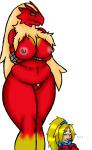 anthro big_breasts blonde_hair blue_eyes breasts cigarette clothed clothing coat duo ellipsis female genitals hair happy jacket nipples pussy simple_background slightly_chubby solo_focus thick_thighs topwear white_background trigoat nintendo pokemon avian bird blaziken generation_3_pokemon human mammal pokemon_(species) digital_media_(artwork)