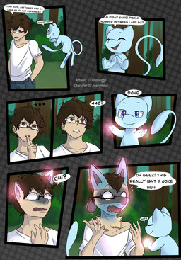 ambiguous_gender anthro black_body black_fur blue_body blue_eyes blue_fur bodily_fluids bottomwear brown_eyes brown_hair clothing detailed_background dialogue duo ear_expansion ellipsis expansion eyewear feral floating fur fur_growth glasses grass grey_bottomwear grey_clothing grey_pants growth hair human_to_anthro looking_at_another mid_transformation open_mouth outside pants pattern_background plant semi-anthro shirt short_hair shrub simple_background smile snout snout_growth species_transformation speech_bubble standing sweat tail tan_body tan_fur tan_skin text topwear transformation tree white_clothing white_shirt white_topwear dinodoggo nintendo pokemon nemi_(dinodoggo) generation_1_pokemon generation_4_pokemon human legendary_pokemon lucario mammal mew_(pokemon) pokemon_(species) comic english_text hi_res sequence