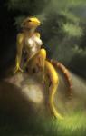 anthro breasts casual_nudity featureless_breasts female non-mammal_breasts nude outside scales smile solo yellow_body yellow_scales juden agamid bearded_dragon lizard reptile scalie