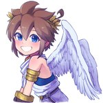 blue_eyes blush brown_hair clothing feathered_wings feathers hair light_body light_skin male not_furry open_mouth open_smile simple_background smile solo wings waffuum kid_icarus nintendo pit_(kid_icarus) angel humanoid winged_humanoid 1:1