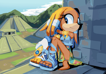 4_toes anthro armlet biped black_nose blue_eyes breasts clothed clothing cloud crooked_tail feet female footwear hair jewelry long_hair mayan mesoamerican_architecture mountain necklace orange_hair outside pyramid sandals shoes sitting smile solo tail temple toes goshaag sega sonic_adventure sonic_the_hedgehog_(series) tikal_the_echidna echidna mammal monotreme 2016