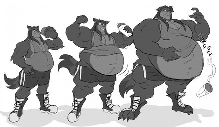 3_toes anthro belly big_belly body_size_growth boots bottomwear chain chain_necklace clothing eyeliner fangs feet flexing flexing_bicep footwear growth growth_lines growth_potion growth_sequence growth_serum hair jewelry long_hair makeup male musclegut muscular navel necklace onomatopoeia overweight overweight_anthro overweight_male pants pecs rumbling_stomach shirt shoes size_transformation solo sound_effects tank_top teeth text thick_arms thick_thighs toes topwear torn_bottomwear torn_clothing torn_pants transformation weight_gain whiskers 13uckaroo hyke_(hykewolffen) hykewolffen canid canine canis mammal wolf digital_drawing_(artwork) digital_media_(artwork) hi_res monochrome sequence sketch