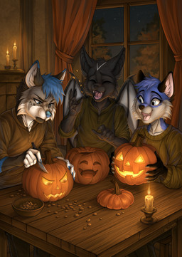 anthro female food fruit group holidays male plant pumpkin trio angry_doggg halloween canid canine mammal absurd_res hi_res tagme