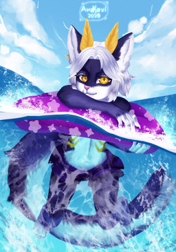 antennae_(anatomy) anthro belly blue_body blue_ears blue_face blue_fur blue_legs blue_sky clothed clothing cloud detailed_background donut_pool_toy ear_piercing femboy fur hair inner_ear_fluff long_hair looking_at_viewer male markings multicolored_body multicolored_ears multicolored_fur multicolored_tail partially_clothed partially_submerged paws piercing pillow pink_nose pink_pillow pupils shoulder_length_hair simple_background sky slit_pupils solo swimming swimming_trunks swimwear tail text tuft underwater underwater_view water wave white_body white_face white_fingers white_fur white_hair yellow_antennae yellow_body yellow_eyes yellow_fur yellow_markings arakavi em_(emko) arthropod felid feline hybrid insect lepidopteran mammal moth absurd_res artist_name digital_media_(artwork) digital_painting_(artwork) full-length_portrait hi_res lineless painting_(artwork) portrait