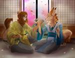 5_fingers anthro barefoot brown_hair clothed clothing detailed_background duo feet fingers fur hair kneeling male open_mouth smile tan_body tan_fur teeth rikitoka canid canine canis domestic_dog felid lion mammal pantherine