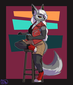 anthro bar_stool beverage chair clothed clothing ear_piercing furniture on_chair piercing sitting sitting_on_chair solo stool av-15 canid canine mammal hi_res nonbinary_(lore)